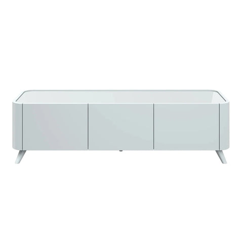 Modern Lorenzano Light Grey TV unit with soft-close doors and tempered glass overlay top. Stylish storage solution for contemporary living rooms.