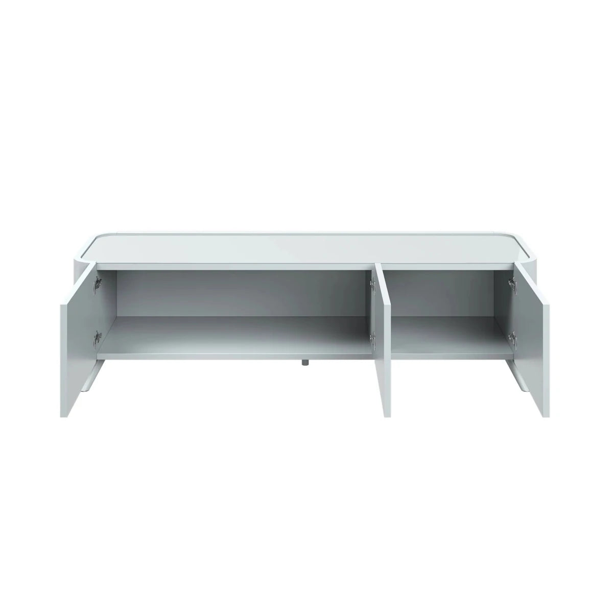 Contemporary Lorenzano light grey TV unit with soft-close doors and tempered glass overlay. Practical, stylish storage for modern living rooms.