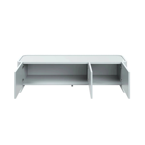 Contemporary Lorenzano light grey TV unit with soft-close doors and tempered glass overlay. Practical, stylish storage for modern living rooms.