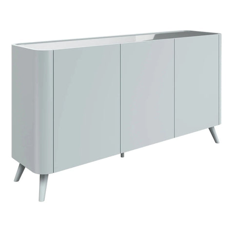 Contemporary Lorenzano light grey sideboard with soft-close doors and tempered glass overlay top. Practical storage with modern style.