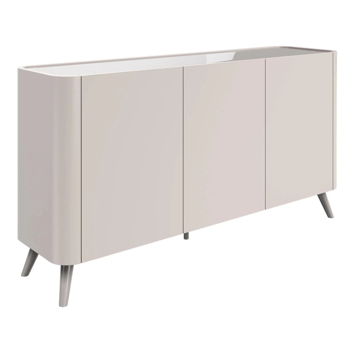 Modern Lorenzano taupe sideboard with soft-close doors and tempered glass overlay top. Stylish storage for dining and living spaces.