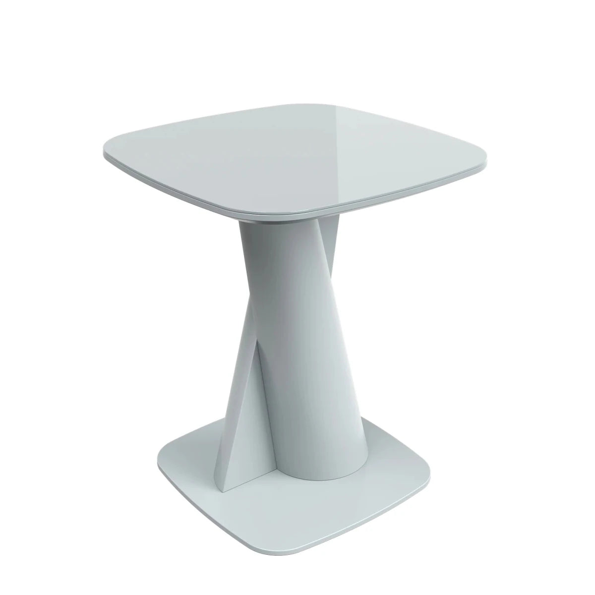 Modern side table with a white glass top and base on a white background