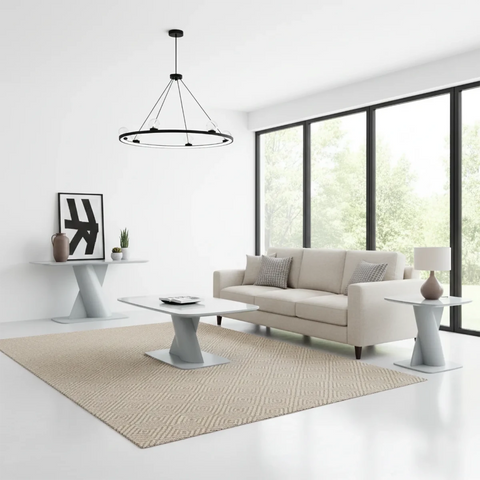 Lorenzano light grey glass top coffee table Console table and side table displayed in a room