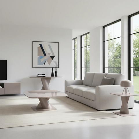 Lorenzano taupe pedestal base coffee table, console table and side table 