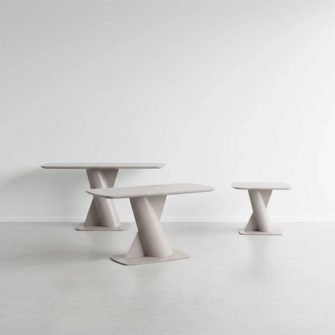 Lorenzano taupe pedestal base coffee table, console table and side table  in a room