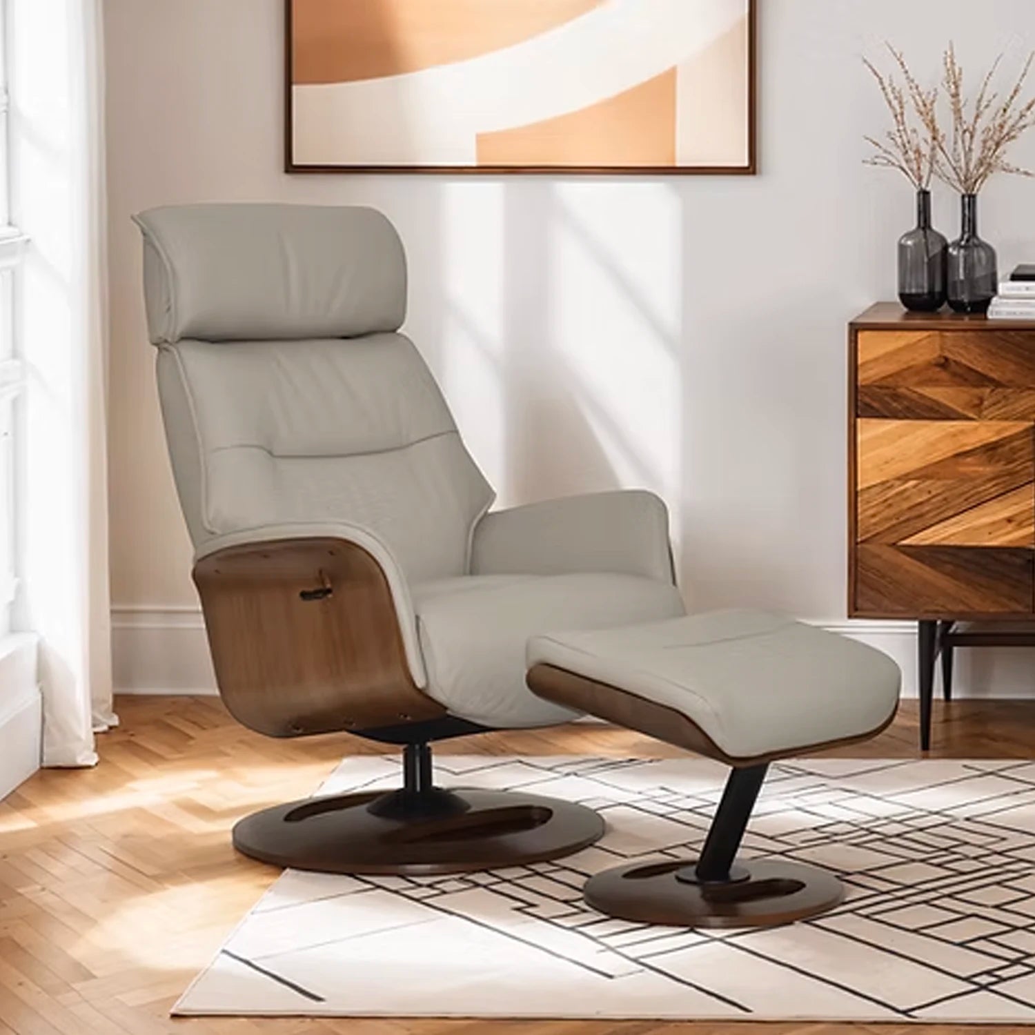Tallinn Taupe Leather Swivel Chair with Footstool