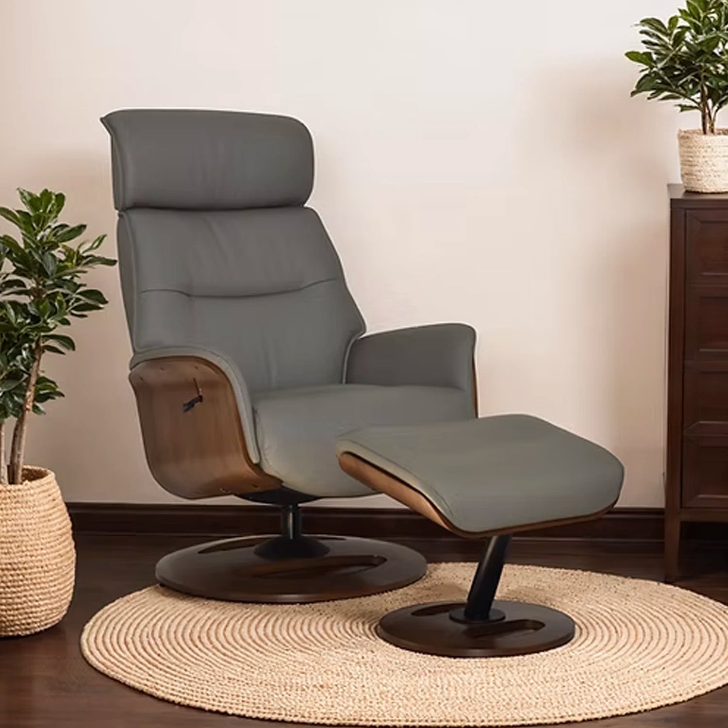 Tallinn Taupe Leather Swivel Chair with Footstool
