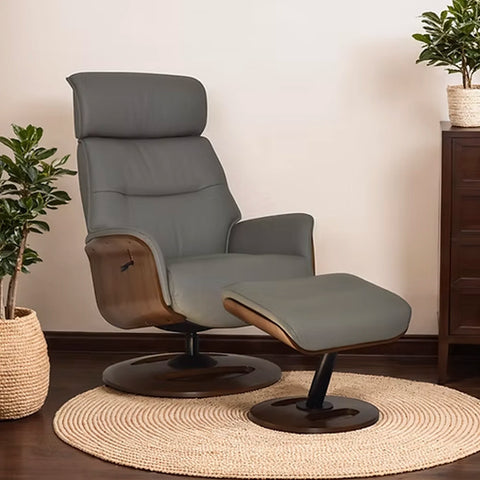 Tallinn Taupe Leather Swivel Chair with Footstool