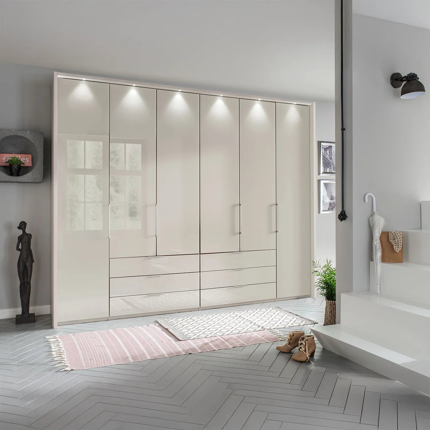 Templin 1000 Glass 6 Door 6 Drawer Hinged Wardrobe W300cm