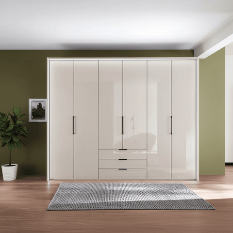 Templin 1000 Champagne Glass 6 Door 3 Drawers 225cm Hinged Wardrobe Free Assembly