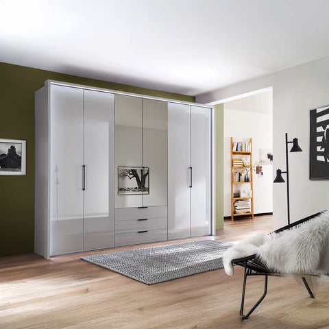Templin 1000 Glass 6 Door 3 Drawers 225cm Hinged Wardrobe Free Assembly
