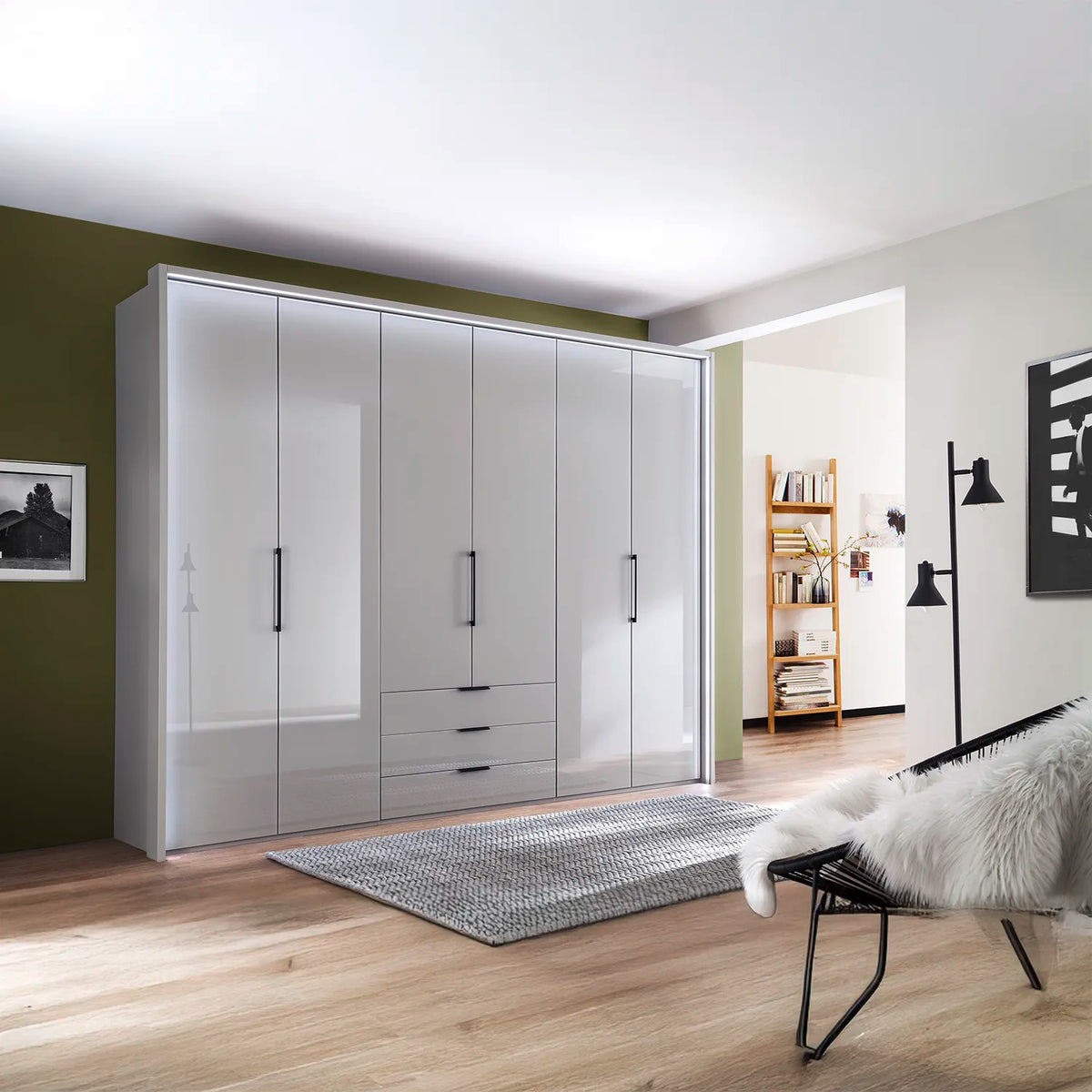 Templin 1000 Glass 6 Door 3 Drawers 225cm Hinged Wardrobe Free Assembly - Pendle Village Furniture