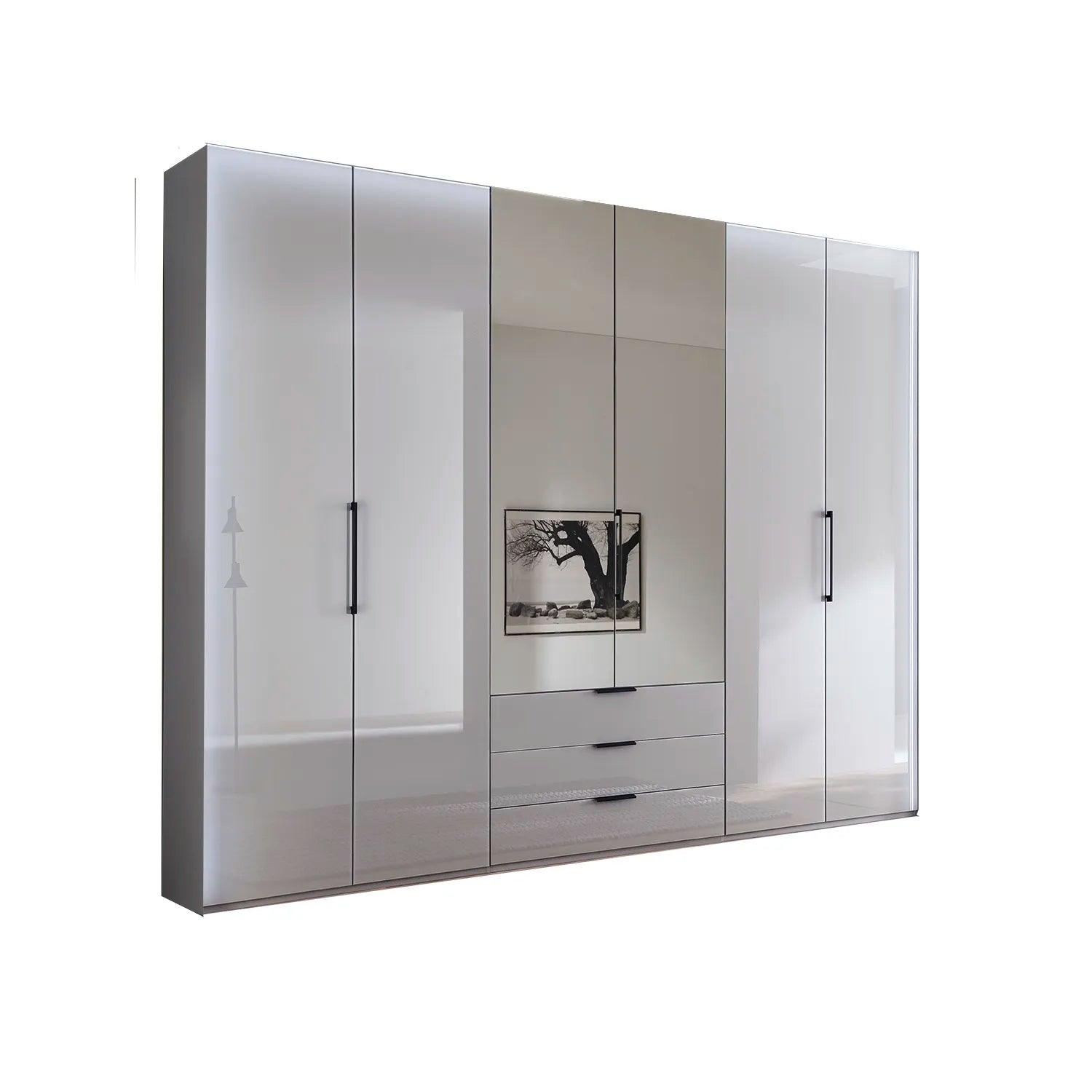 Templin 1000 Glass 6 Door 3 Drawers 225cm Hinged Wardrobe Free Assembly