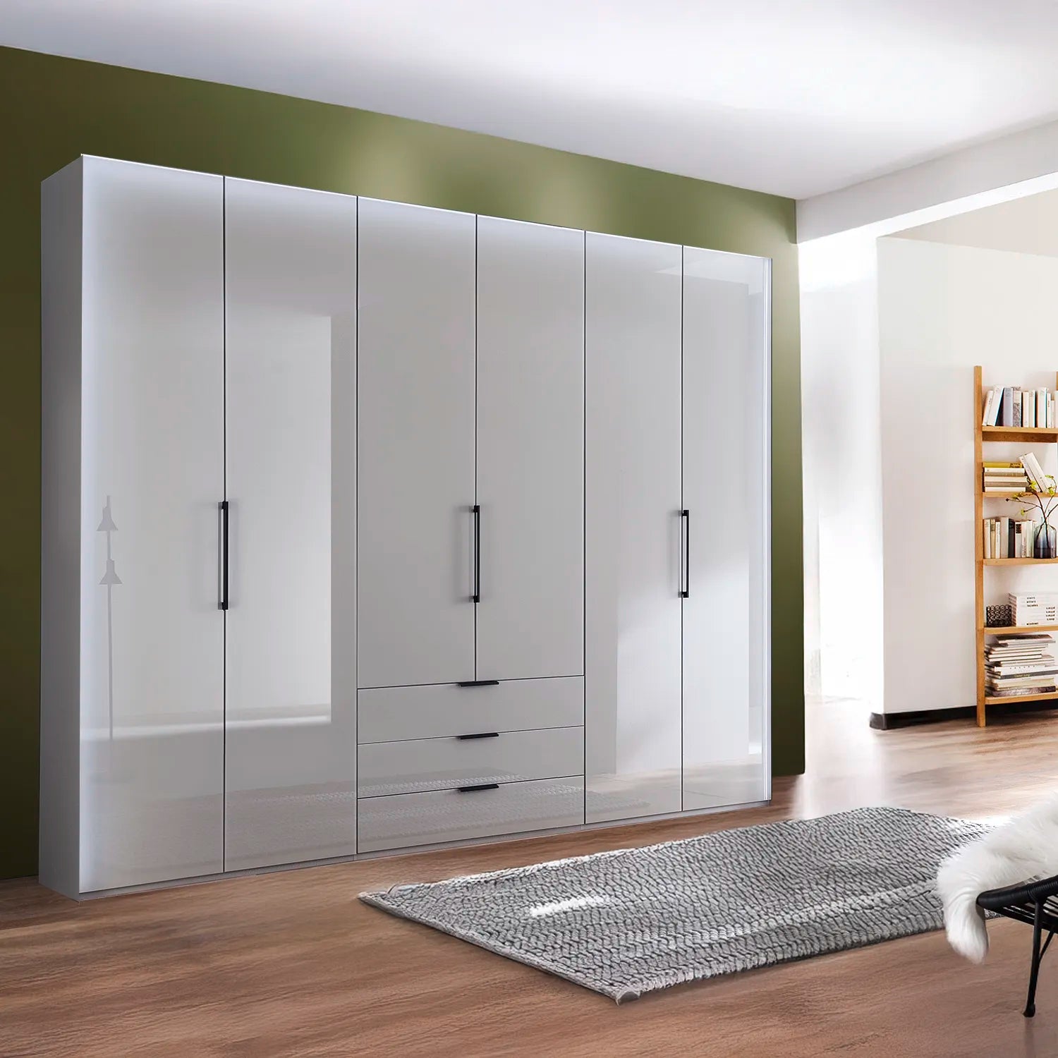 Templin 1000 Glass 6 Door 3 Drawers 225cm Hinged Wardrobe Free Assembly