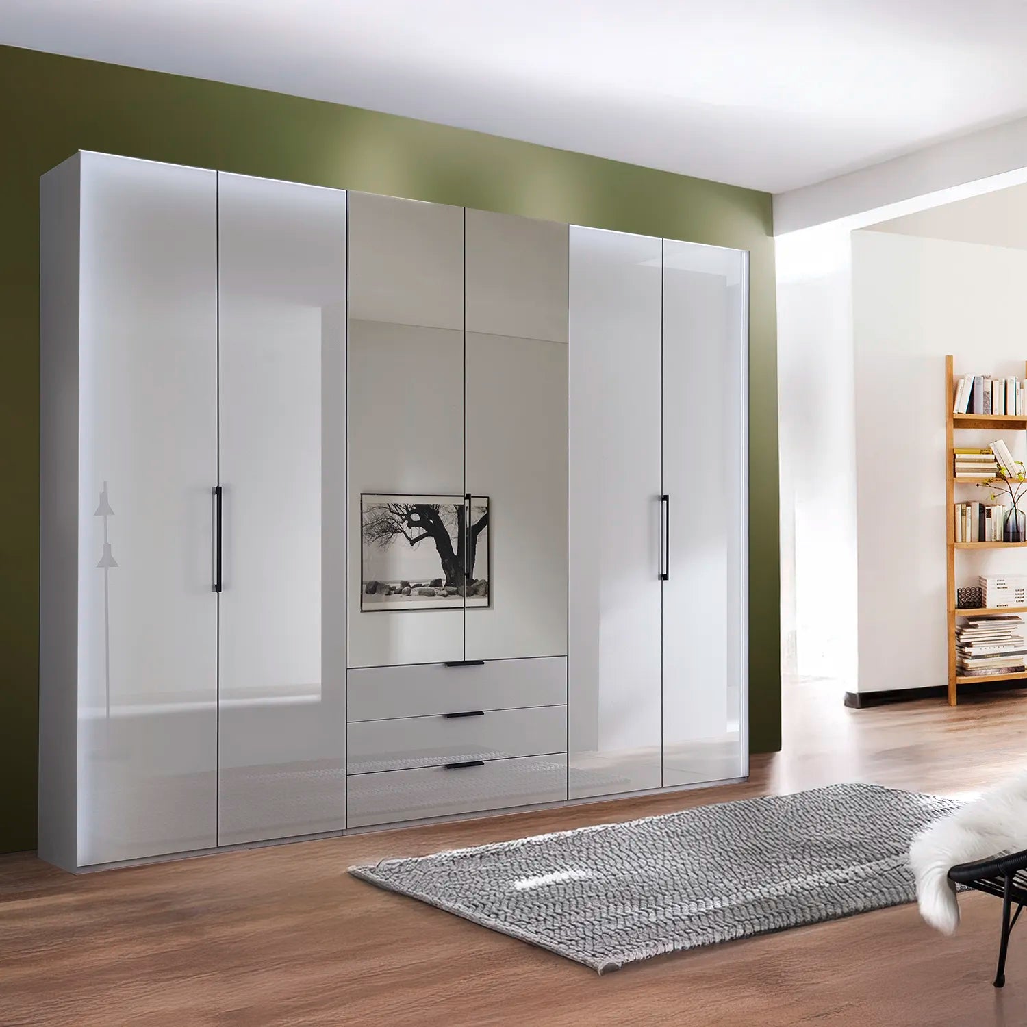 Templin 1000 Glass 6 Door 3 Drawers 225cm Hinged Wardrobe Free Assembly