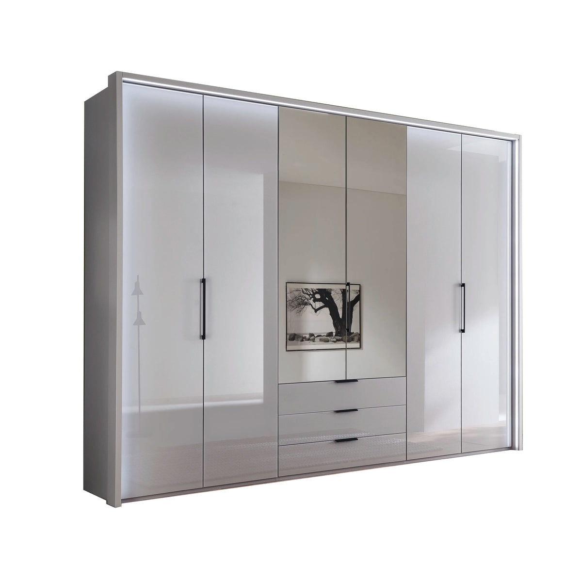Templin 1000 Glass 6 Door 3 Drawers 225cm Hinged Wardrobe Free Assembly