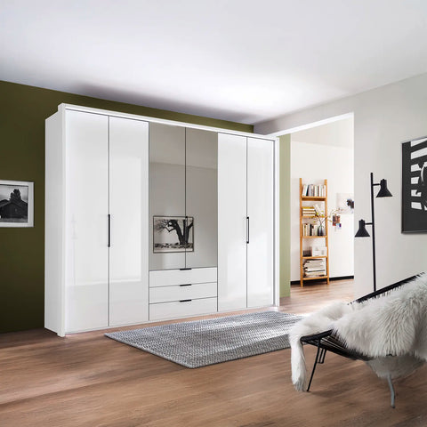 Templin 1000 White Glass 6 Door 3 Drawers 225cm Hinged Wardrobe Free Assembly