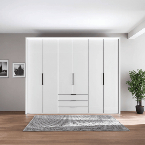 Templin 1000 White Glass 6 Door 3 Drawers 225cm Hinged Wardrobe Free Assembly