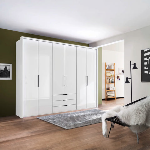 Templin 1000 White Glass 6 Door 3 Drawers 225cm Hinged Wardrobe Free Assembly