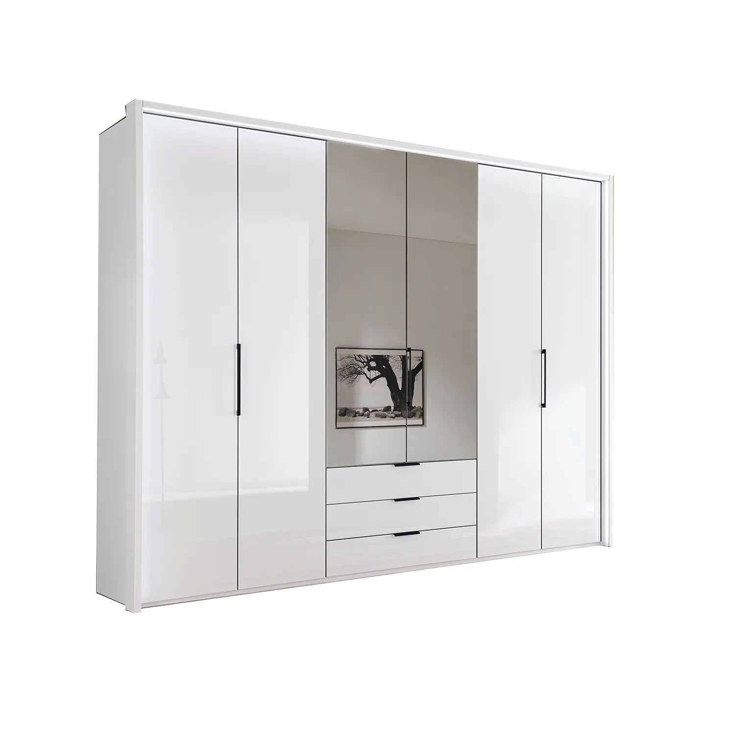 Templin 1000 White Glass 6 Door 3 Drawers 225cm Hinged Wardrobe Free Assembly