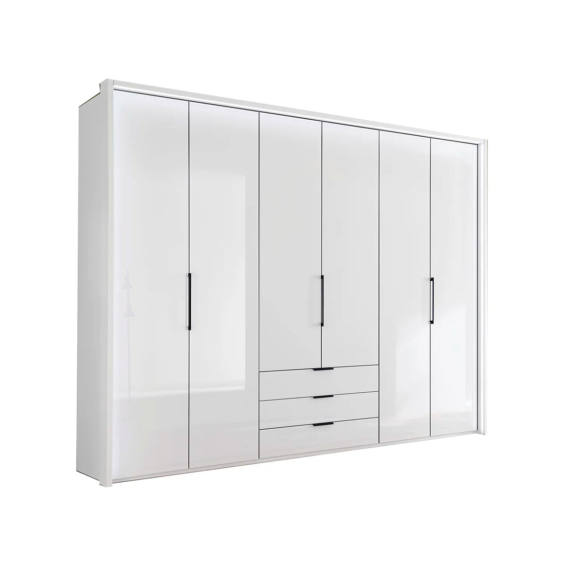 Templin 1000 White Glass 6 Door 3 Drawers 225cm Hinged Wardrobe Free Assembly