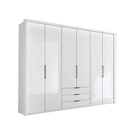 Templin 1000 White Glass 6 Door 3 Drawers 225cm Hinged Wardrobe Free Assembly