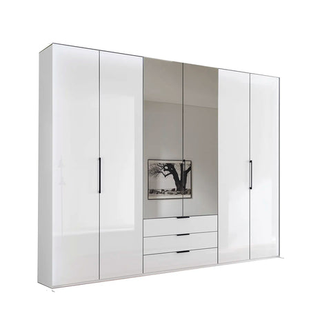 Templin 1000 White Glass 6 Door 3 Drawers 225cm Hinged Wardrobe Free Assembly