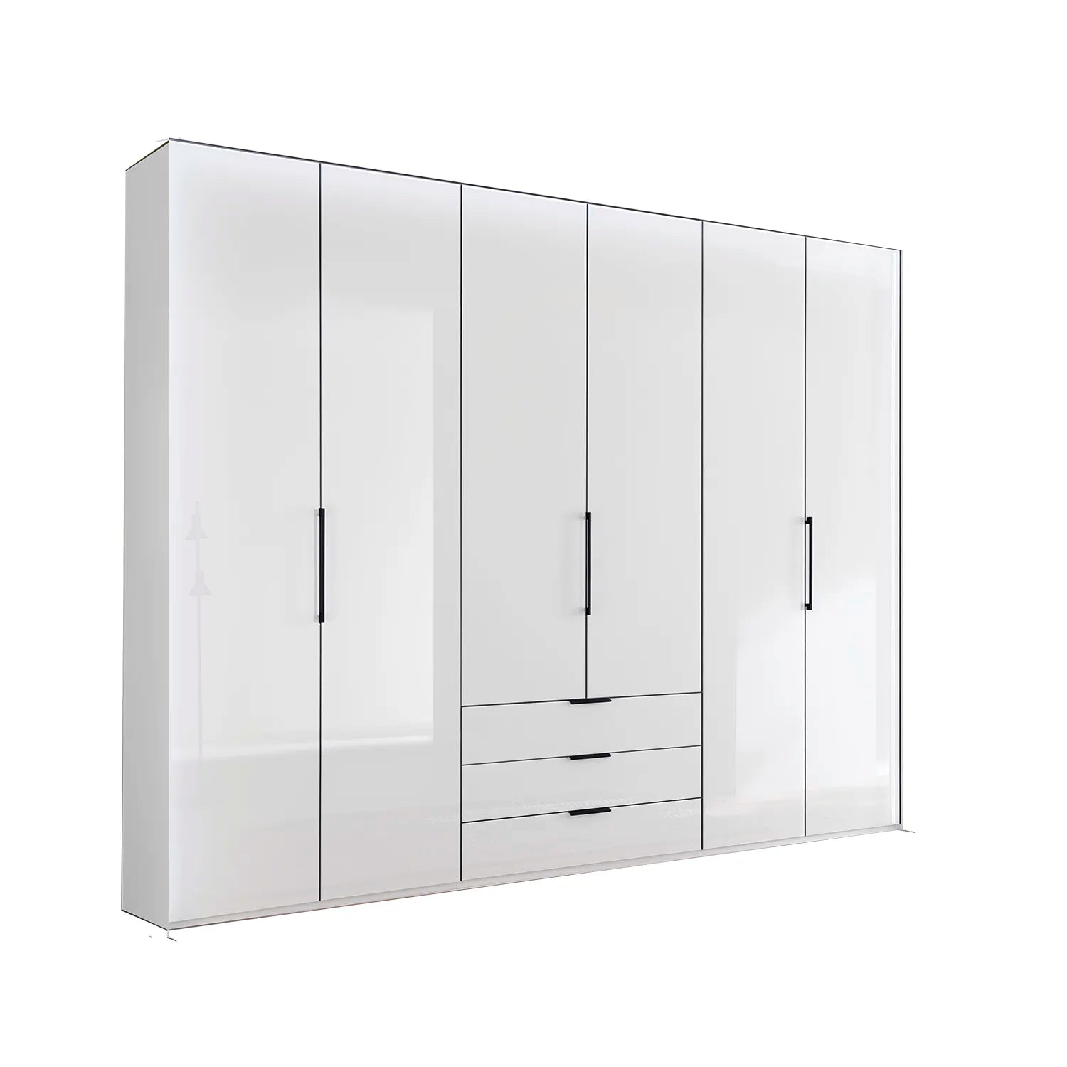 Templin 1000 White Glass 6 Door 3 Drawers 225cm Hinged Wardrobe Free Assembly