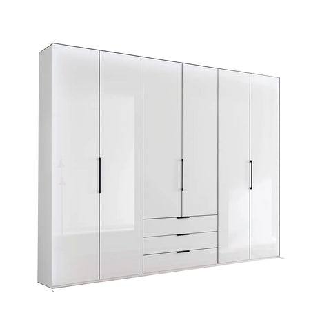 Templin 1000 White Glass 6 Door 3 Drawers 225cm Hinged Wardrobe Free Assembly