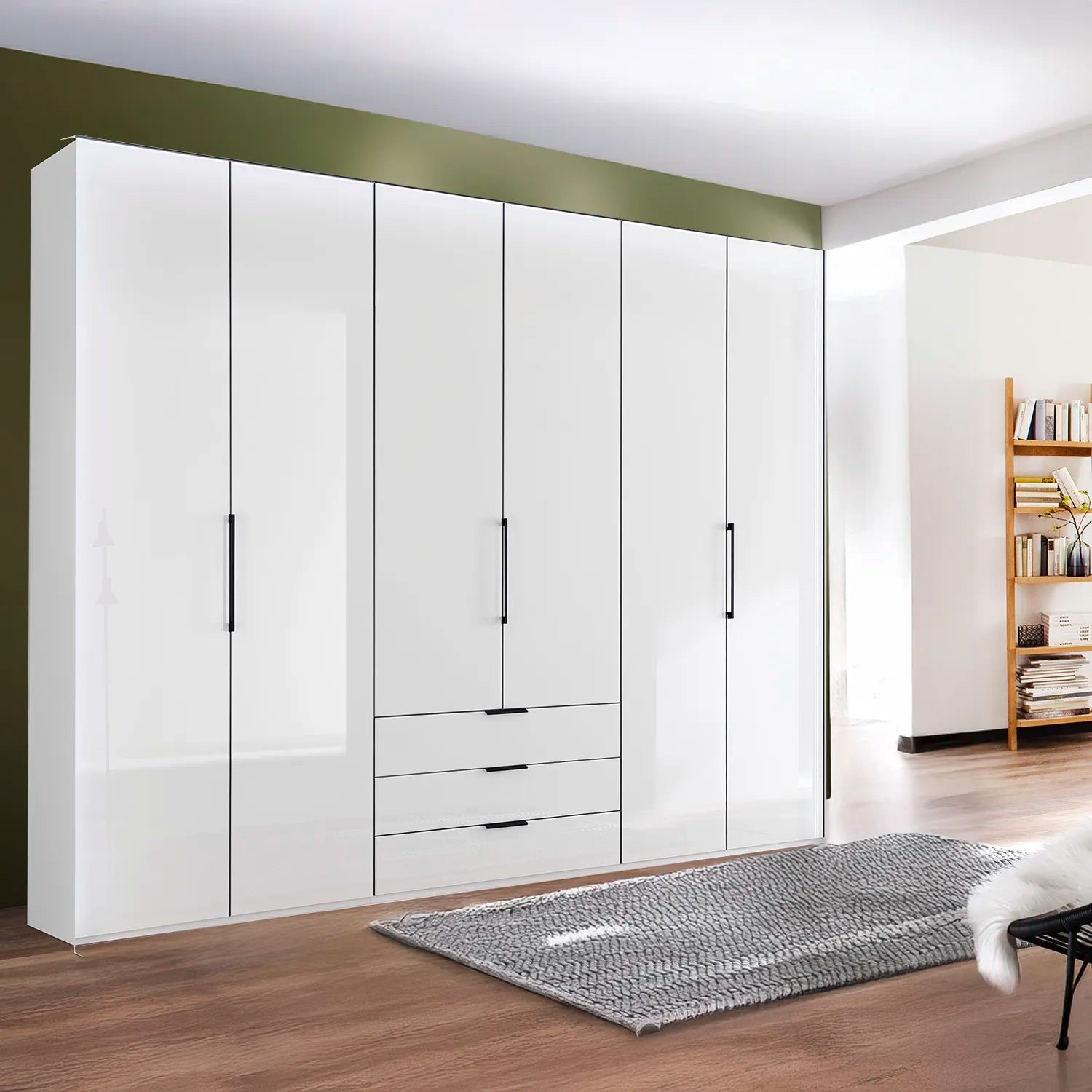 Templin 1000 White Glass 6 Door 3 Drawers 225cm Hinged Wardrobe Free Assembly