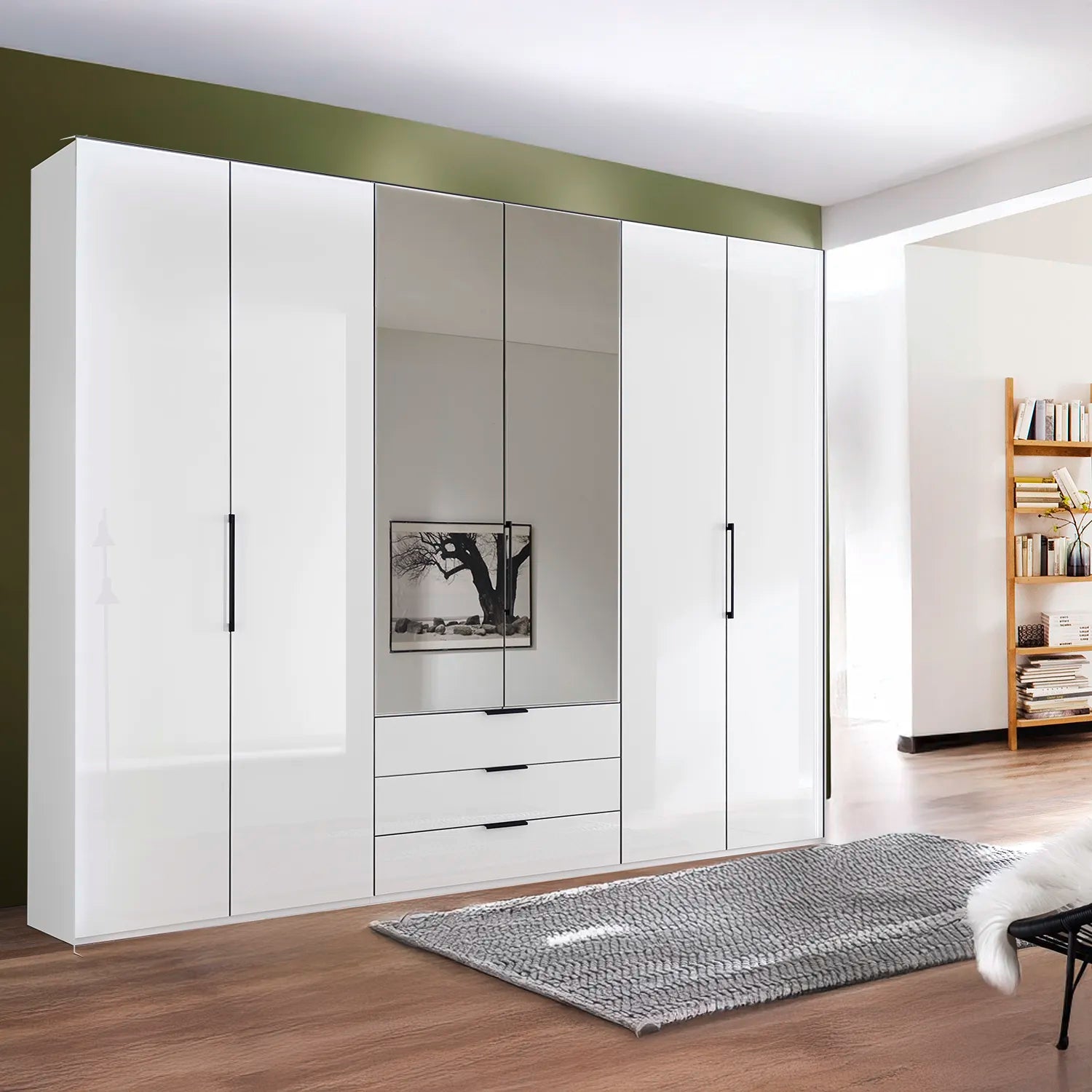 Templin 1000 White Glass 6 Door 3 Drawers 225cm Hinged Wardrobe Free Assembly