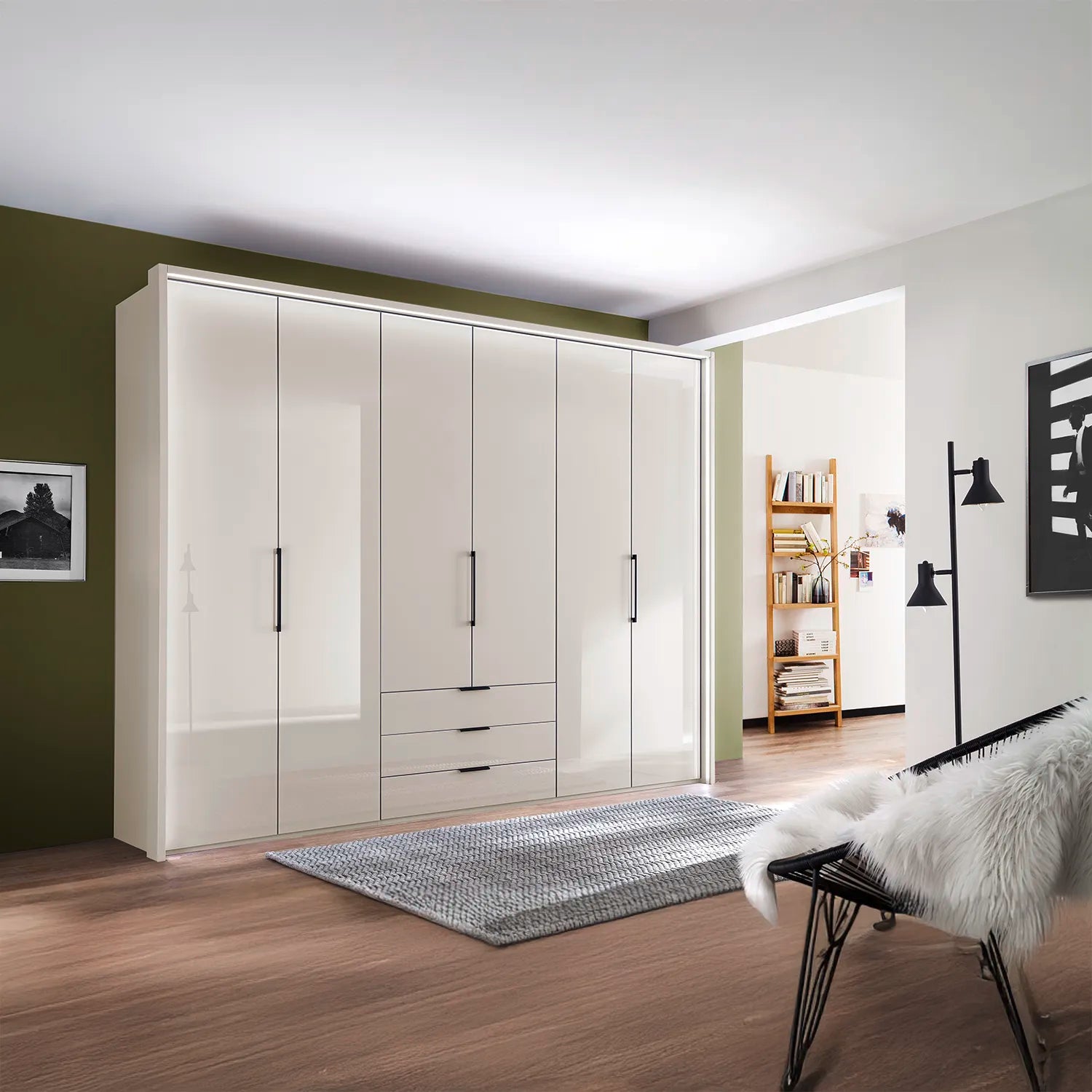 Templin 1000 Champagne Glass 6 Door 3 Drawers 300cm Hinged Wardrobe Free Assembly