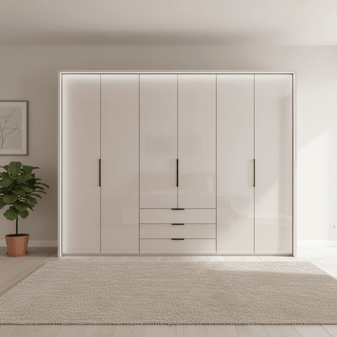 Templin 1000 Champagne Glass 6 Door 3 Drawers 300cm Hinged Wardrobe Free Assembly