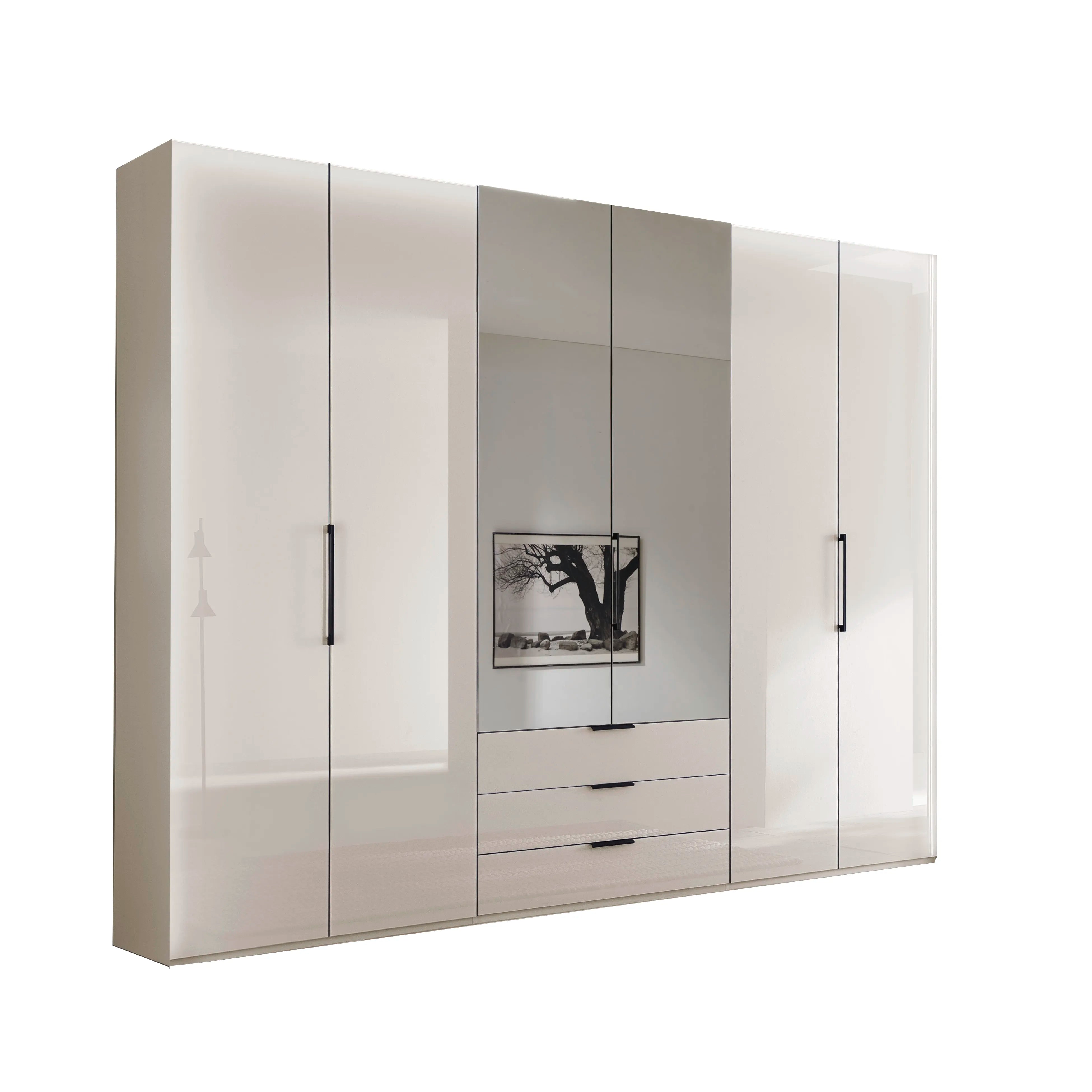 Templin 1000 Champagne Glass 6 Door 3 Drawers 300cm Hinged Wardrobe Free Assembly