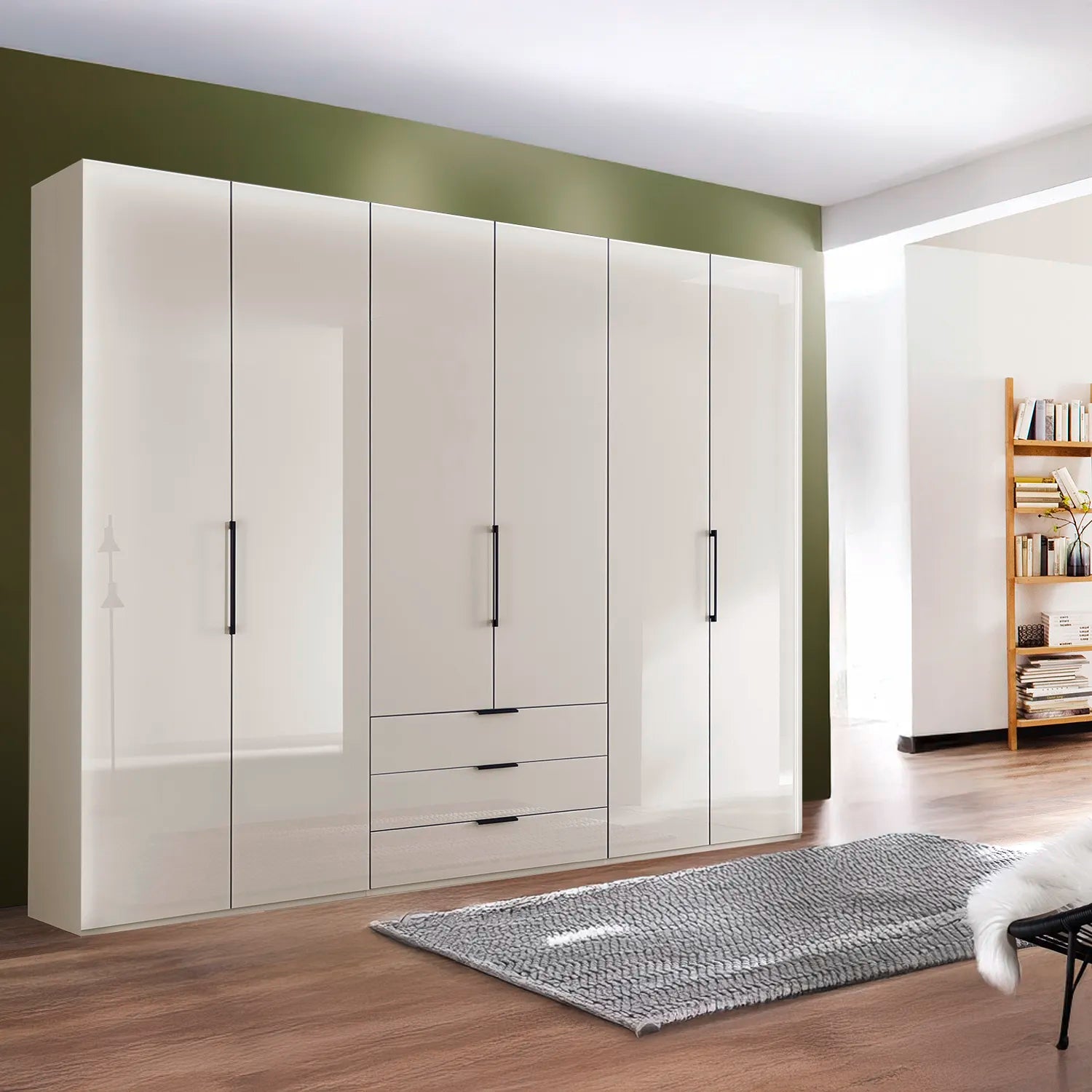 Templin 1000 Champagne Glass 6 Door 3 Drawers 300cm Hinged Wardrobe Free Assembly