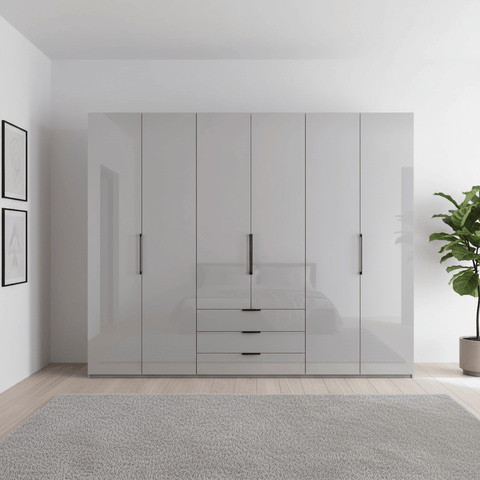 Templin 1000 Pebble Grey Glass 6 Door 3 Drawers 300cm Hinged Wardrobe Free Assembly