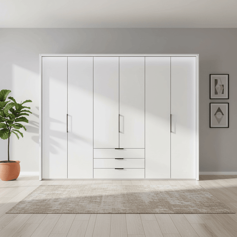 Templin 1000 White Glass 6 Door 3 Drawers 300cm Hinged Wardrobe Free Assembly