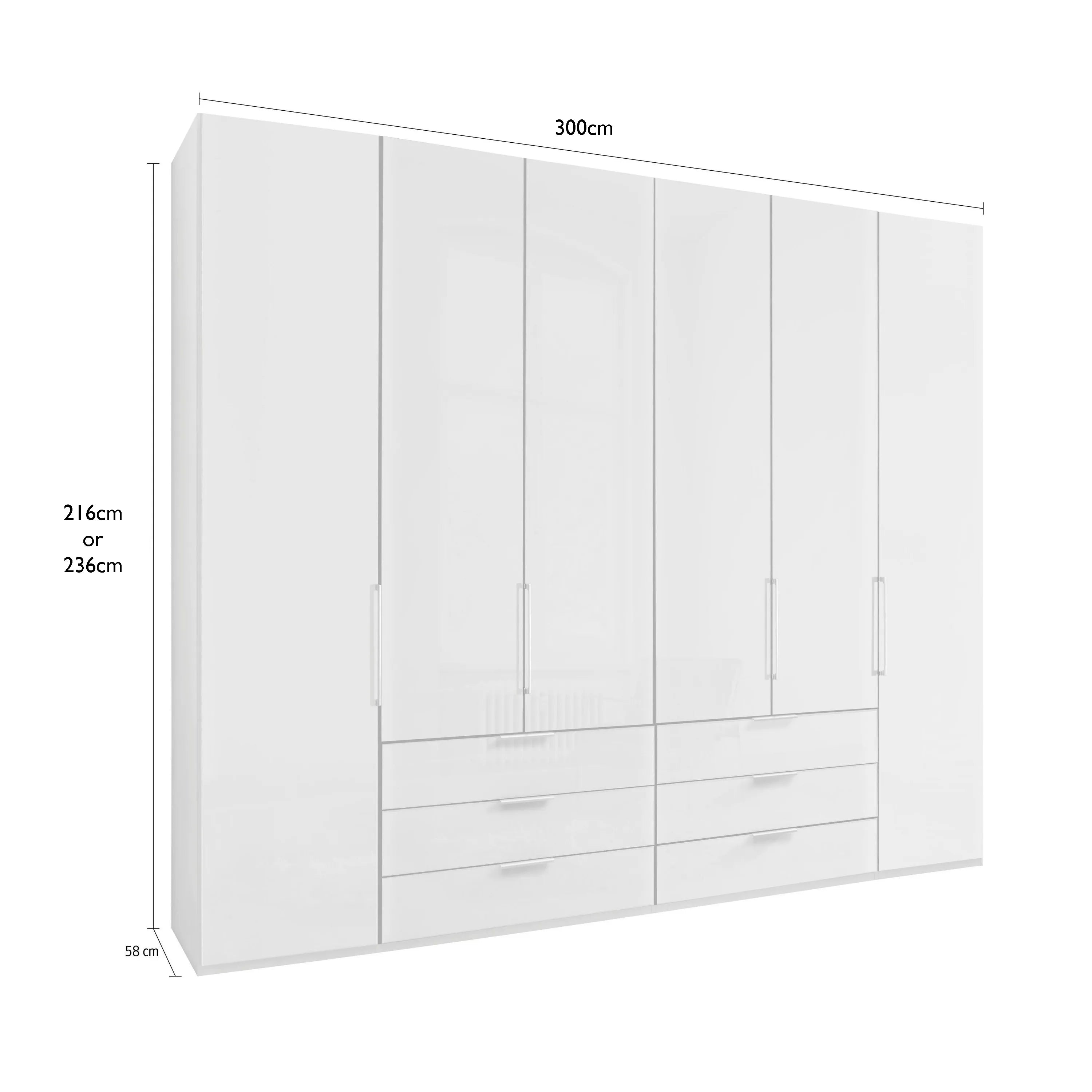 Templin 1000 Glass 6 Door 6 Drawer Hinged Wardrobe W300cm