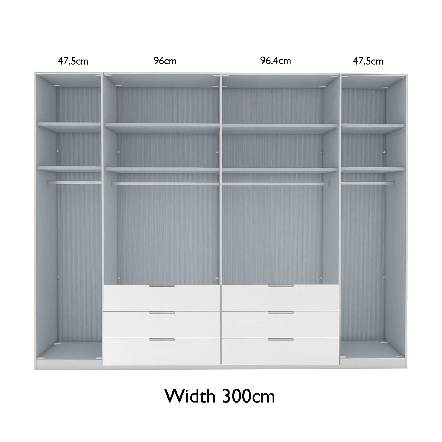 Templin 1000 Glass 6 Door 6 Drawer Hinged Wardrobe W300cm