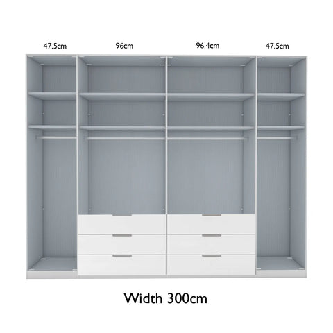 Templin 1000 Glass 6 Door 6 Drawer Hinged Wardrobe W300cm
