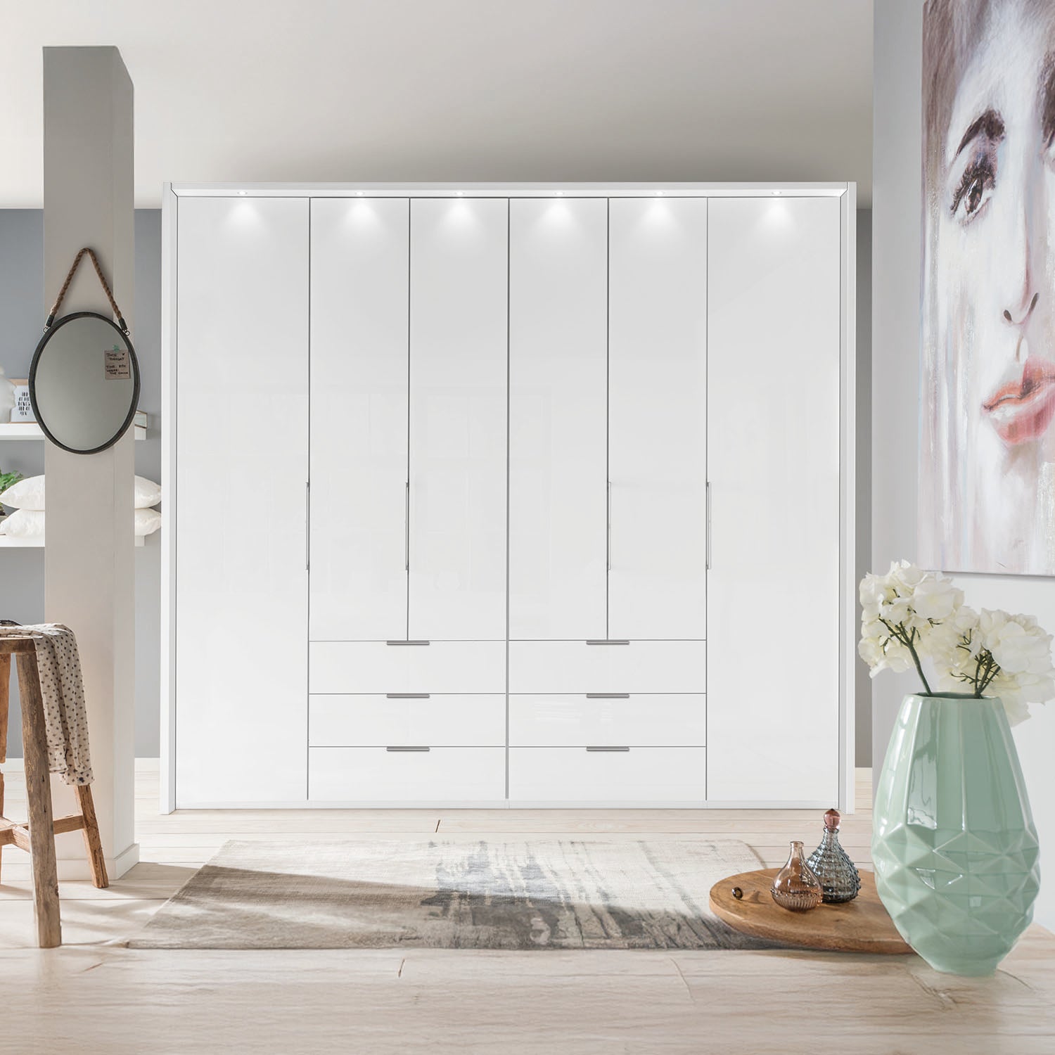 Templin 1000 Glass 6 Door 6 Drawer Hinged Wardrobe W300cm
