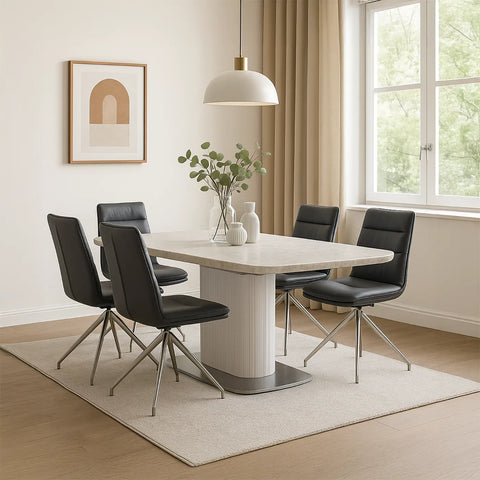 Tamworth Extending Dining Table with Nobel Swivel Dining Chairs styled in living room 
