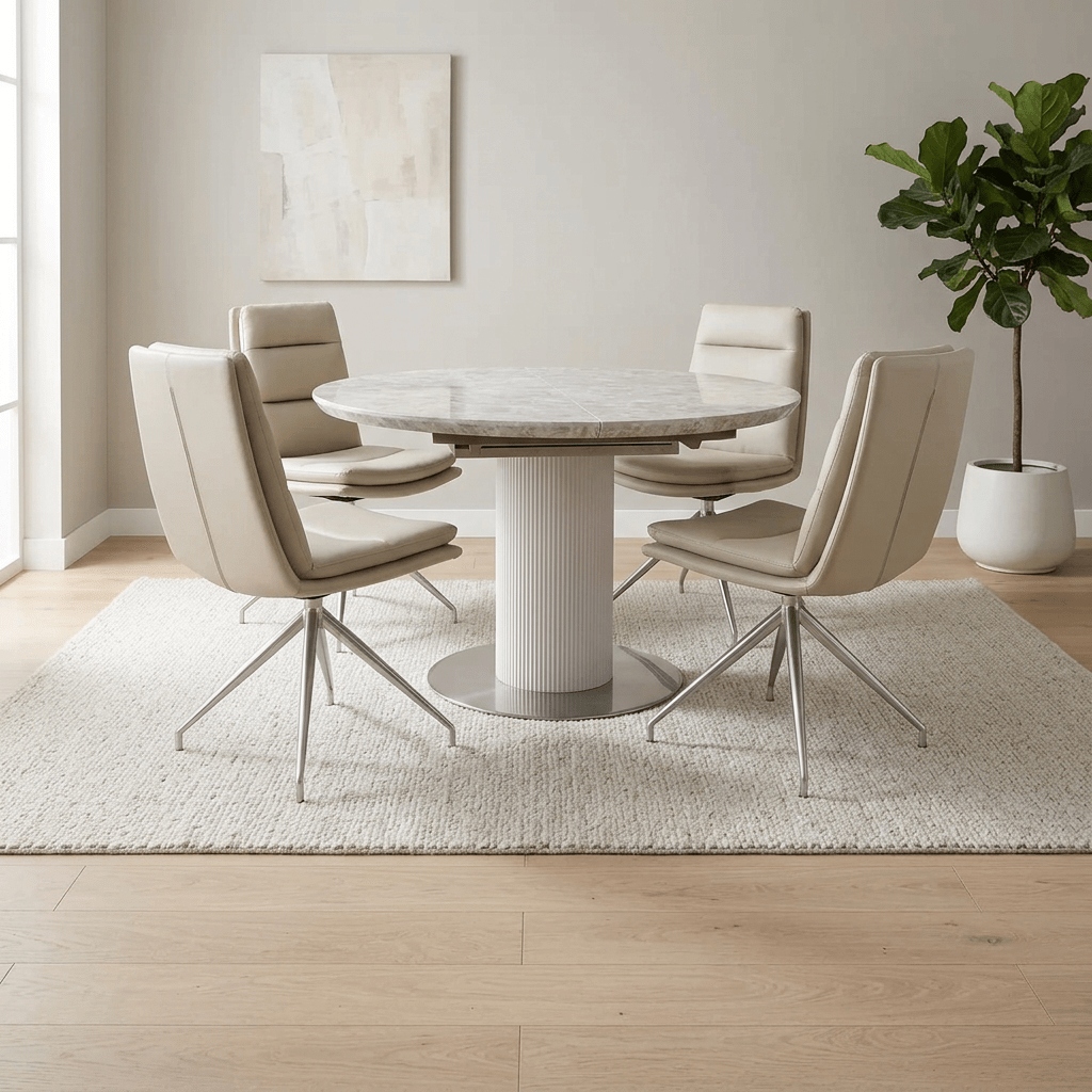 Tamworth Round Extending Dining Table with Nobel Taupe Swivel Dining Chairs in Modern Room