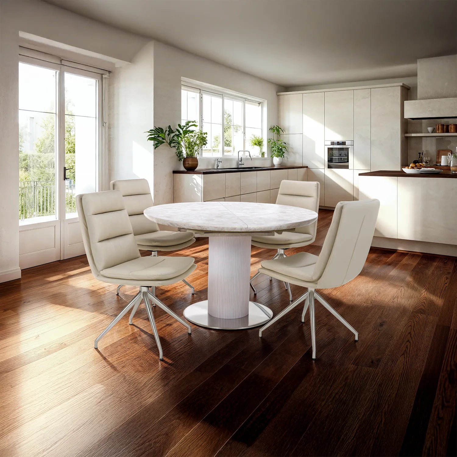 Styled in a room Tamworth Round Extending Dining Table with Nobel Taupe Swivel Dining Chairs