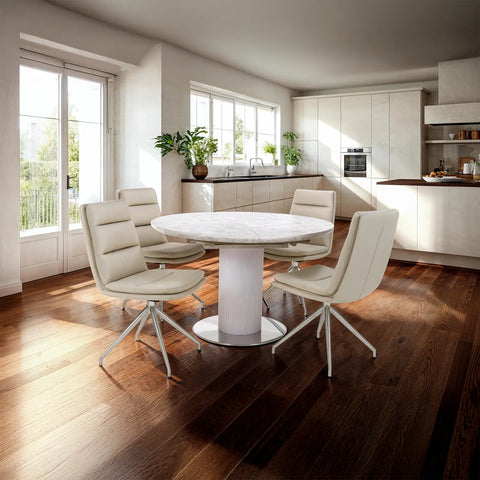 Styled in a room Tamworth Round Extending Dining Table with Nobel Taupe Swivel Dining Chairs