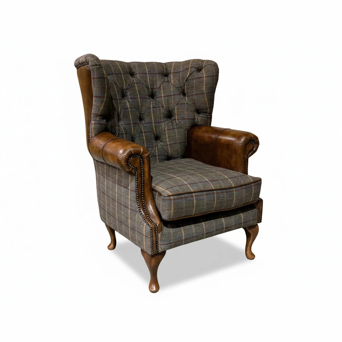 Tan Brown Herringbone Tweed with Antique Tan Leather High Round Back Wing Chair
