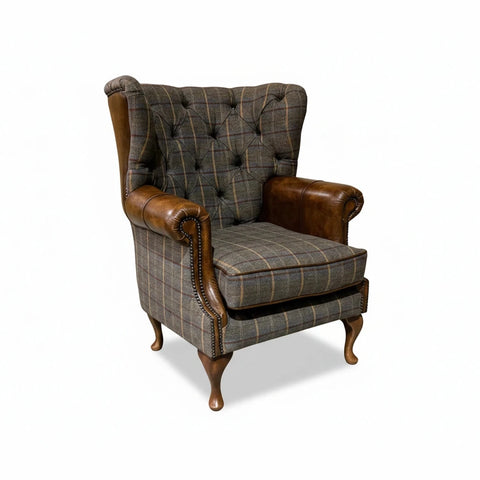 Tan Brown Herringbone Tweed with Antique Tan Leather High Round Back Wing Chair