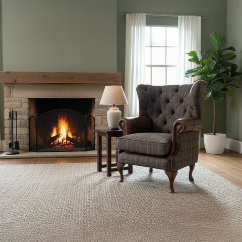 Tan Brown Herringbone Tweed with Antique Tan Leather High Round Back Wing Chair styled in a room