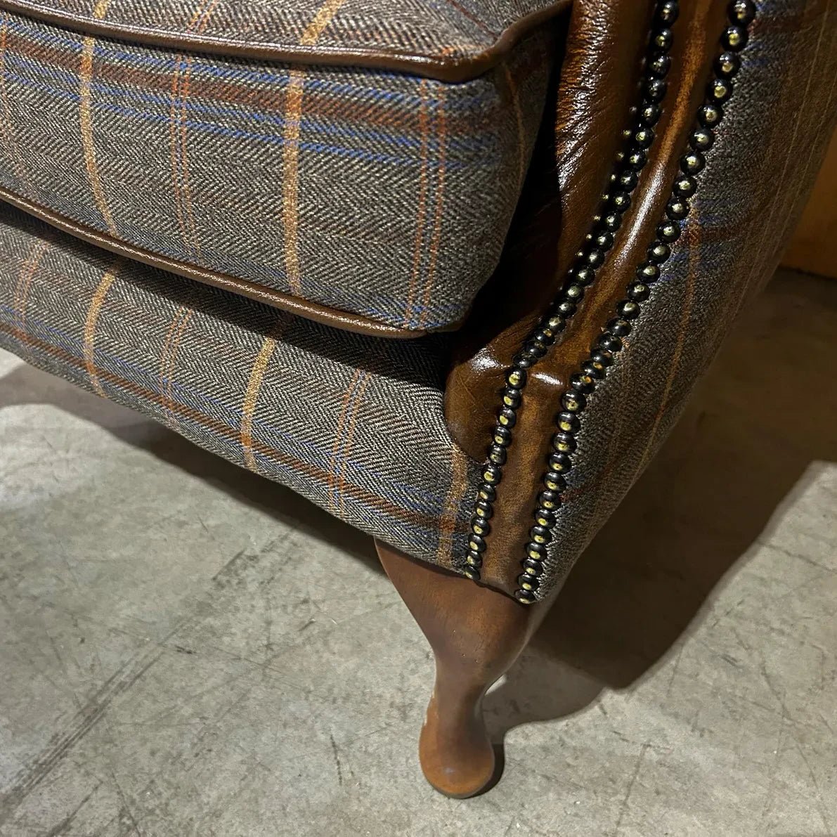 Tan Brown Herringbone Tweed with Antique Tan Leather High Round Back Wing Chair  Close up