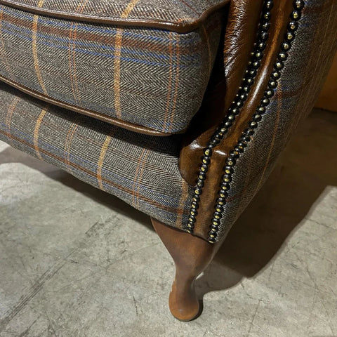 Tan Brown Herringbone Tweed with Antique Tan Leather High Round Back Wing Chair  Close up